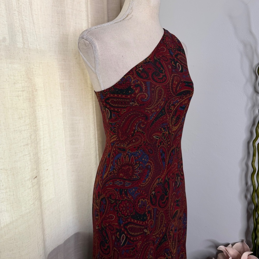 Vintage Lauren Ralph Lauren Maxi Dress Silk Paisley One Shoulder Women's Size 4 - Picture 4 of 10